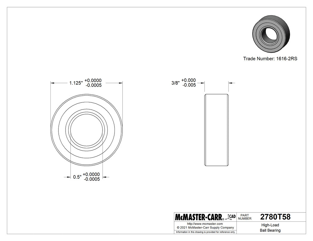 Technical Drawing of Steel Ball Bearing, Trade No. 1616-2RS, Sealed, for 1/2" Shaft Diameter.